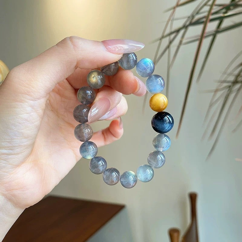 「仕事・安定」ブルー＆ゴールドタイガーアイとムーンストーンブレスレット