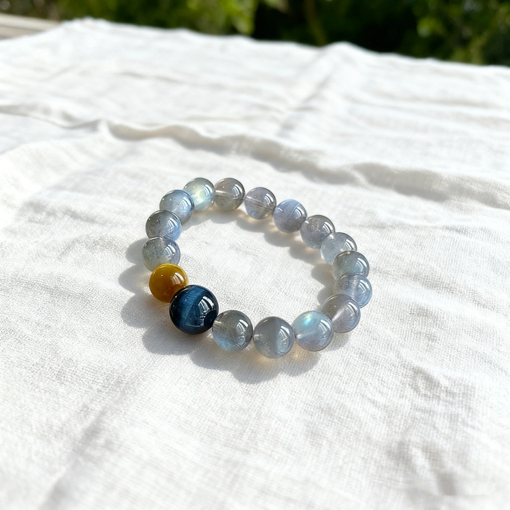 「仕事・安定」ブルー＆ゴールドタイガーアイとムーンストーンブレスレット