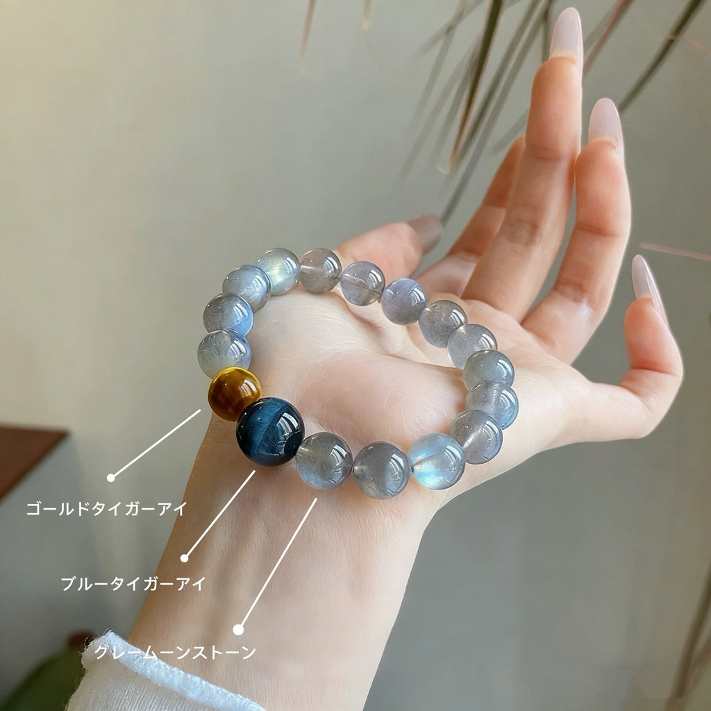 「仕事・安定」ブルー＆ゴールドタイガーアイとムーンストーンブレスレット