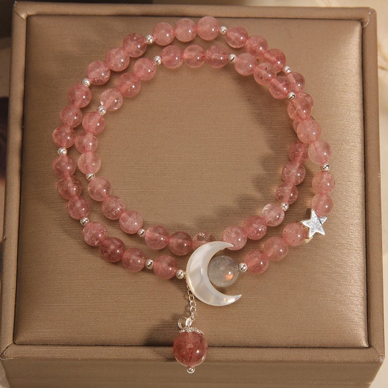 「恋愛・人間関係」ストロベリークォーツ×月×貝殻のブレスレット - 愛と直感を呼ぶ海の恵み
