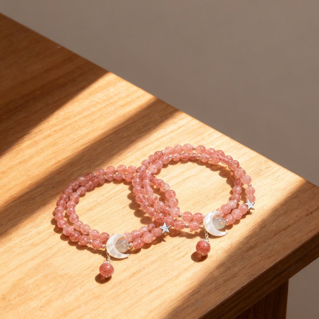 「恋愛・人間関係」ストロベリークォーツ×月×貝殻のブレスレット - 愛と直感を呼ぶ海の恵み