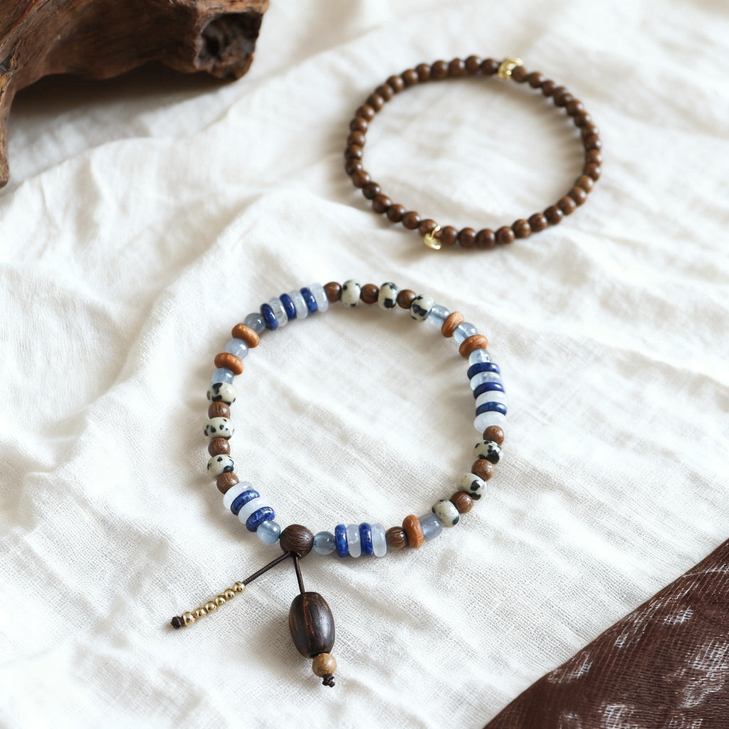 「知恵 · 学業」ラピスラズリと化石木のブレスレット - 叡智と大地の調和