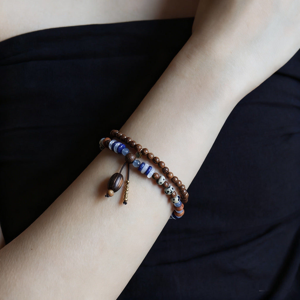 「知恵 · 学業」ラピスラズリと化石木のブレスレット - 叡智と大地の調和