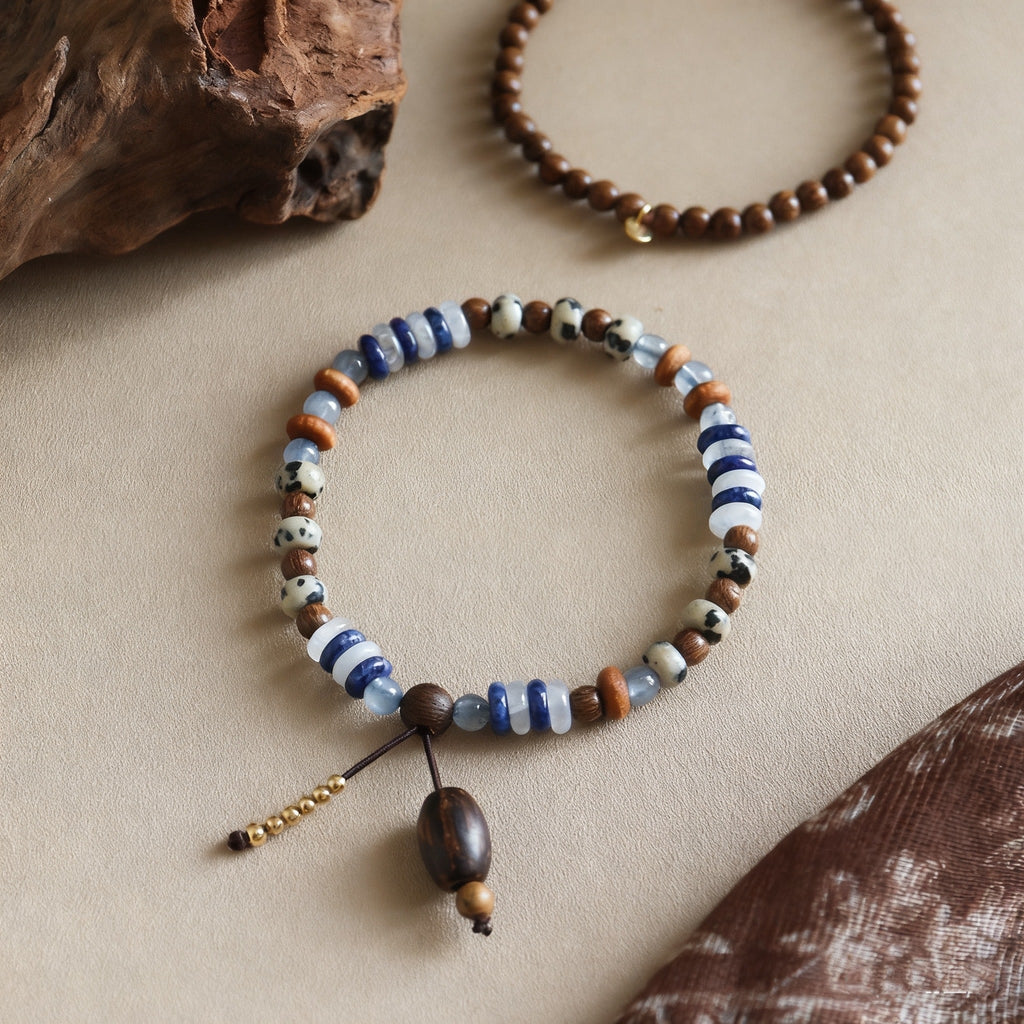 「知恵 · 学業」ラピスラズリと化石木のブレスレット - 叡智と大地の調和