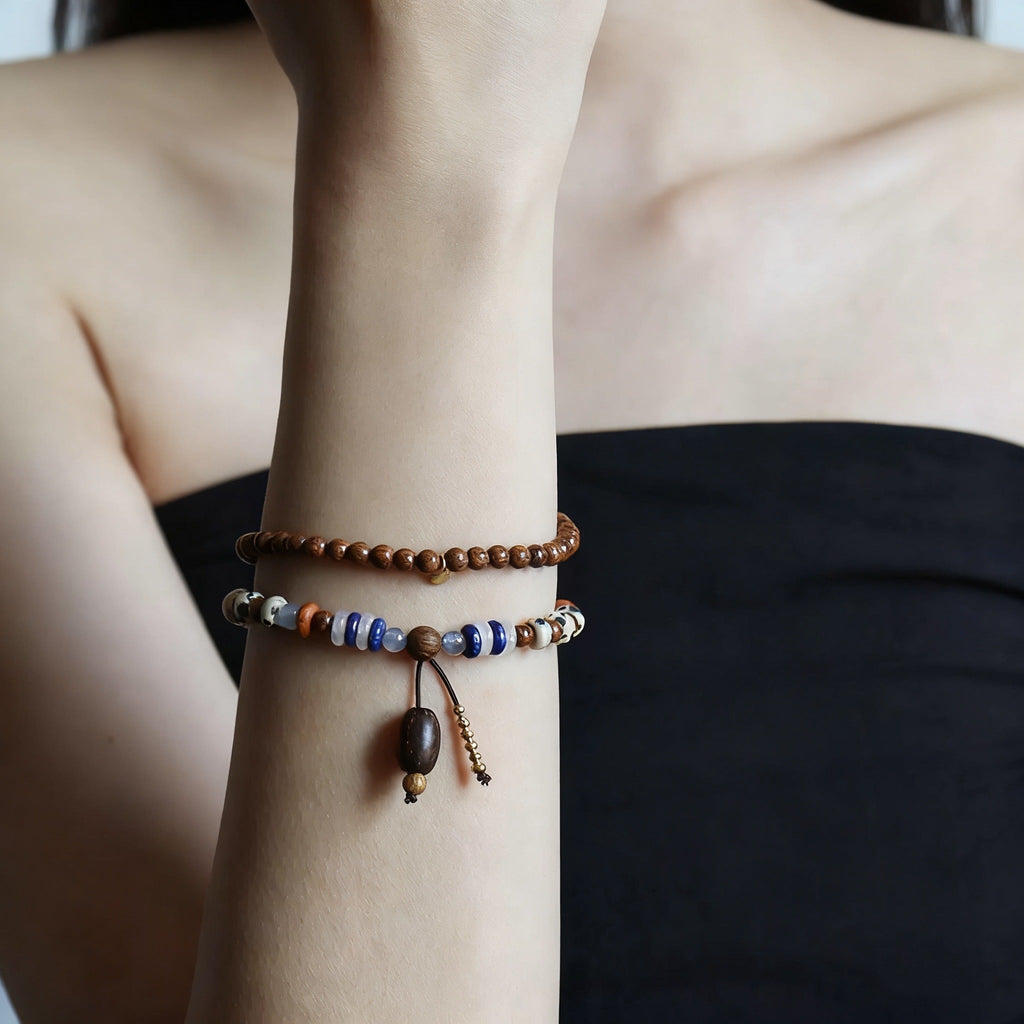 「知恵 · 学業」ラピスラズリと化石木のブレスレット - 叡智と大地の調和