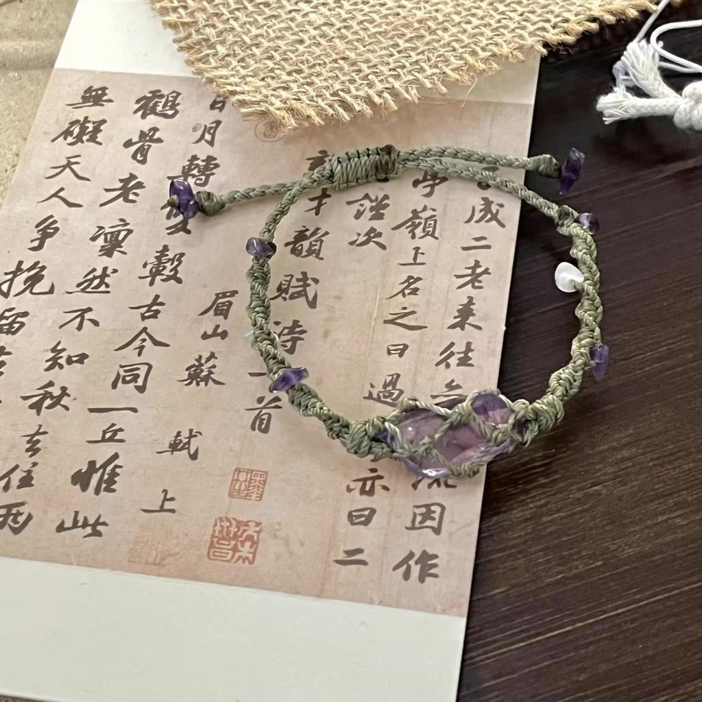 天然カラークリスタルの原石を手編みしたパワーブレスです｜招財｜自信｜健康