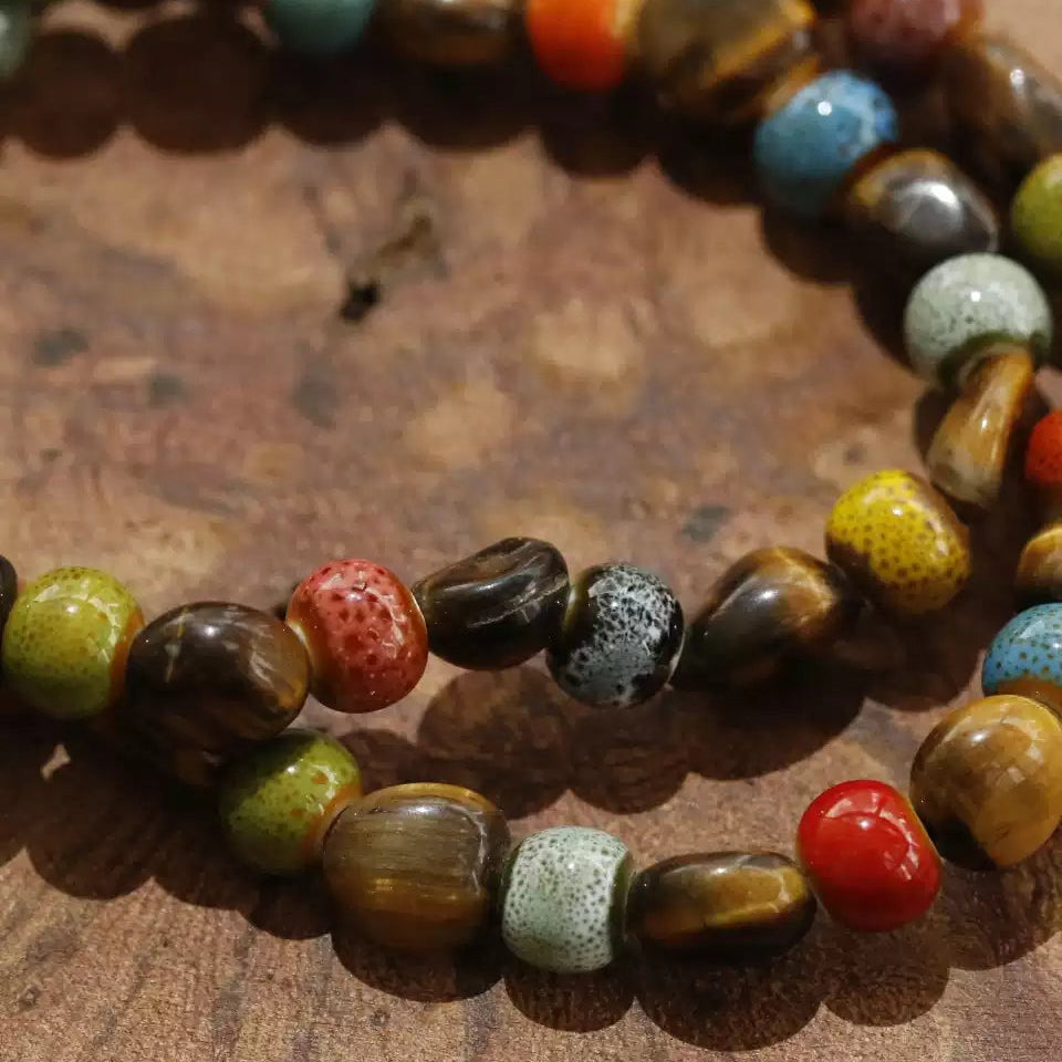 「活力・自信」天然タイガーアイ＆セラミックビーズブレスレット