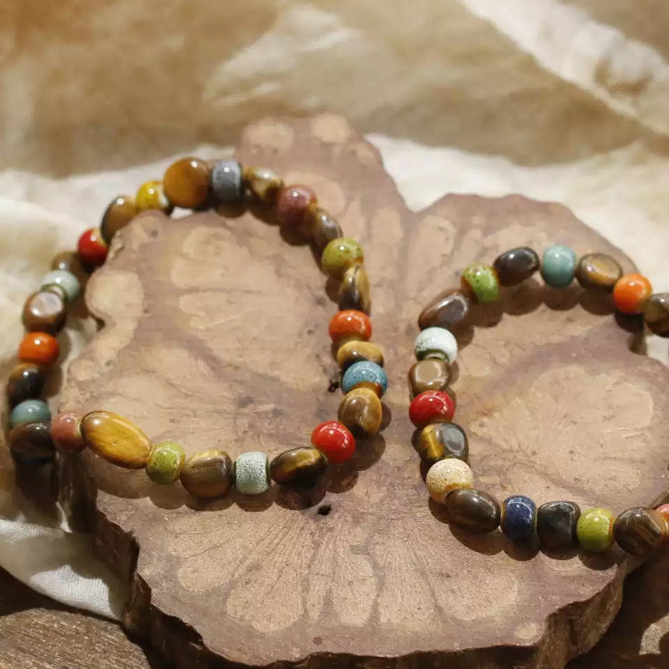 「活力・自信」天然タイガーアイ＆セラミックビーズブレスレット