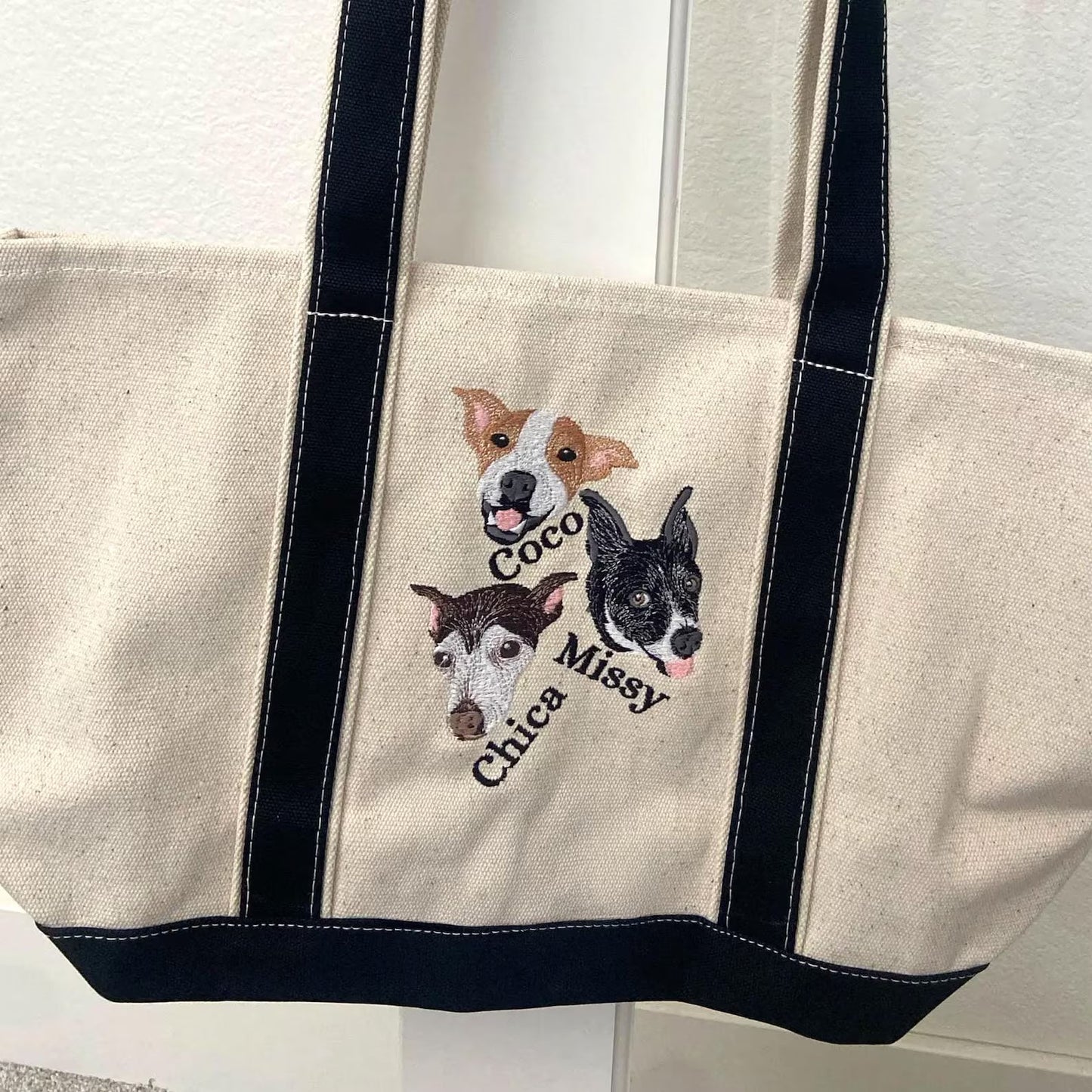 片面刺繡♪キャンバストート 名入れペット写真による作成トートバッグ♪ お散歩バッグ♪おしゃれバッグ♪