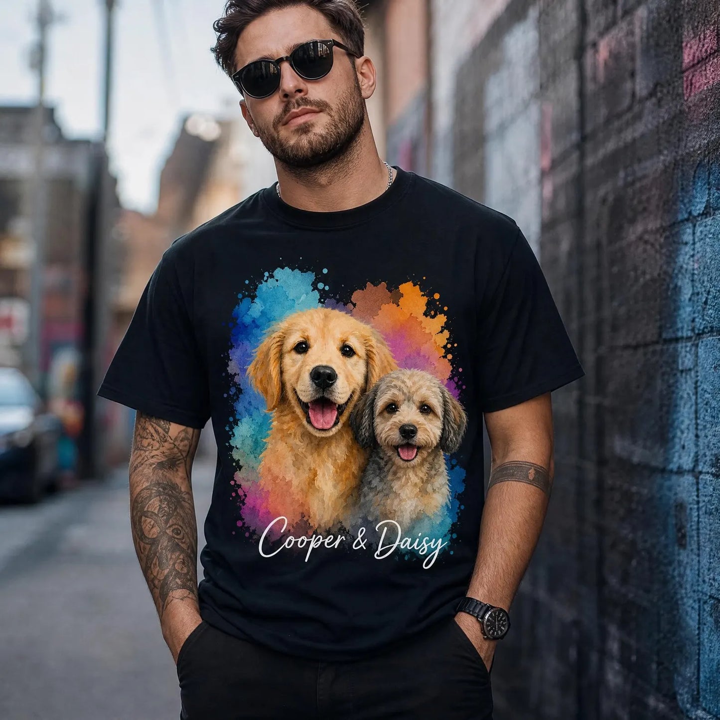 愛するペットの水彩画風オリジナルTシャツ